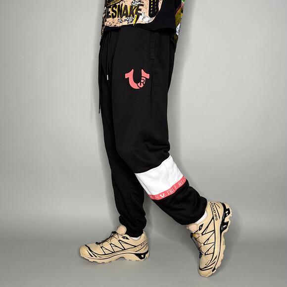 Vintage Y2K True Religion Sweatpants Mens M Black Salmon Pink Logo Joggers - Picture 1 of 4